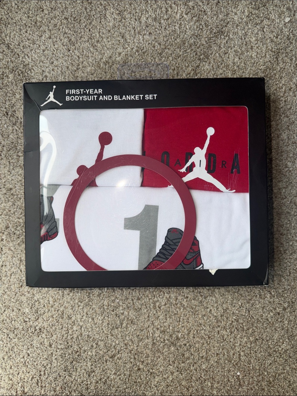 Nike Air Jordan First-Year Baby Bodysuit Blanket Milestone Gift Set Red Boy 0-12